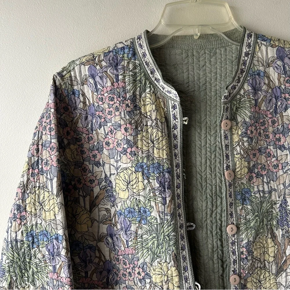 Cottagecore Floral Quilted Reversible Jacket Coat Large Green Pink Yellow Purple